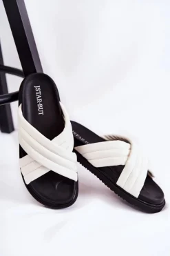 Klasyczne Damskie Klapki Skórzane Białe Daron