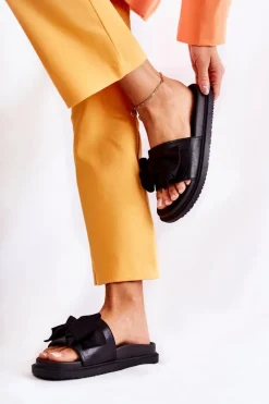 Klasyczne Damskie Klapki Skórzane Z Kokardą Czarne Dessy