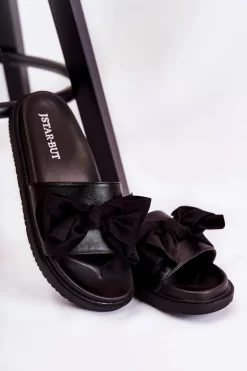 Klasyczne Damskie Klapki Skórzane Z Kokardą Czarne Dessy