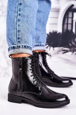 Klasyczne Damskie Ocieplane Botki Lakierowane Czarne Simplicity