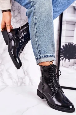 Klasyczne Damskie Ocieplane Botki Lakierowane Czarne Simplicity