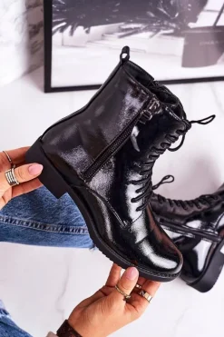 Klasyczne Damskie Ocieplane Botki Lakierowane Czarne Simplicity