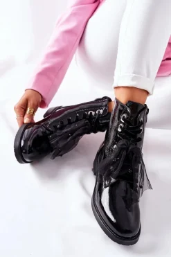 Klasyczne Damskie Ocieplane Botki Lakierowane Czarne La Grotta