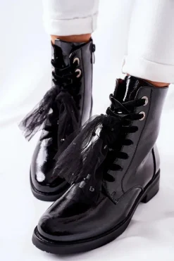 Klasyczne Damskie Ocieplane Botki Lakierowane Czarne La Grotta