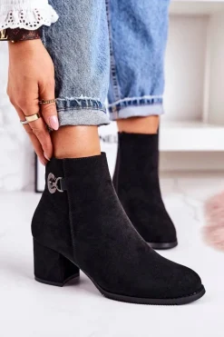 Klasyczne Damskie Ocieplane Botki Na Słupku Czarne Success