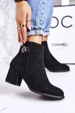 Klasyczne Damskie Ocieplane Botki Na Słupku Czarne Success