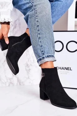Klasyczne Damskie Ocieplane Botki Na Słupku Czarne Success
