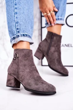 Klasyczne Damskie Ocieplane Botki Na Słupku Szare Success