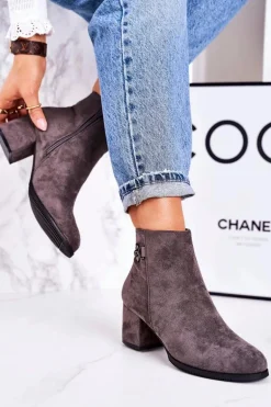 Klasyczne Damskie Ocieplane Botki Na Słupku Szare Success