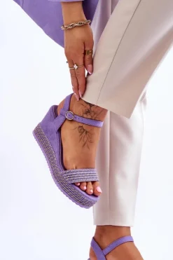 Klasyczne Damskie Sandały Na Koturnie Fioletowe Malmo