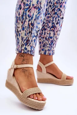 Klasyczne Damskie Sandały Na Koturnie Beżowe Malmo