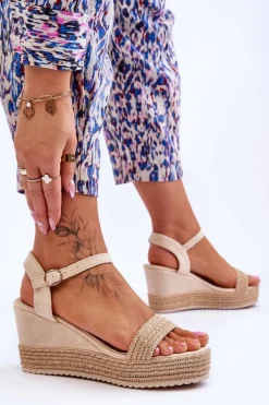 Klasyczne Damskie Sandały Na Koturnie Beżowe Malmo