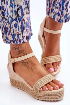 Klasyczne Damskie Sandały Na Koturnie Beżowe Malmo