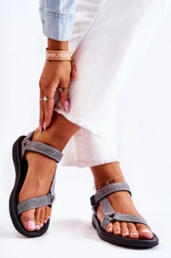 Klasyczne Damskie Sandały Na Rzepy Szare Kalla