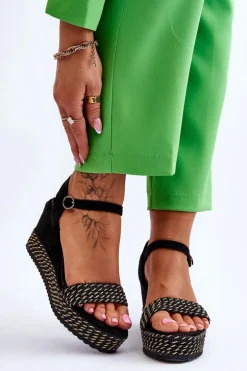 Klasyczne Damskie Sandały Na Koturnie Czarne Malmo