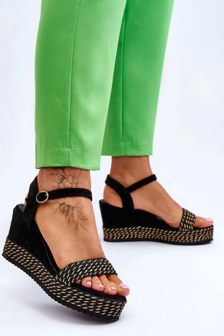 Klasyczne Damskie Sandały Na Koturnie Czarne Malmo