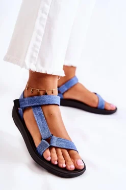 Klasyczne Damskie Sandały Na Rzepy Niebieskie Kalla