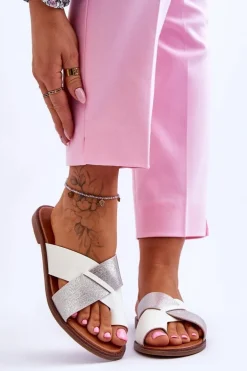 Klasyczne Damskie Skórzane Klapki Biało-Srebrne Nancy