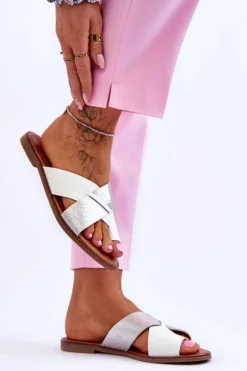 Klasyczne Damskie Skórzane Klapki Biało-Srebrne Nancy