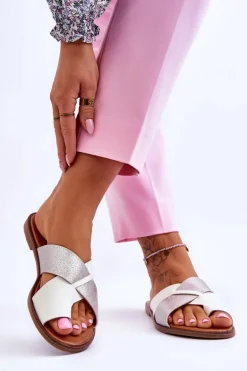 Klasyczne Damskie Skórzane Klapki Biało-Srebrne Nancy