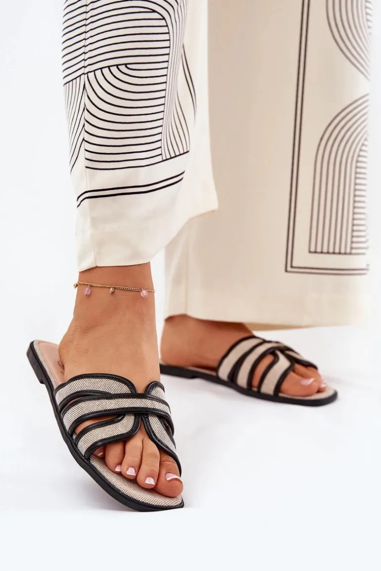 Klasyczne Klapki Damskie Płaskie Beżowo-Czarne Scazze