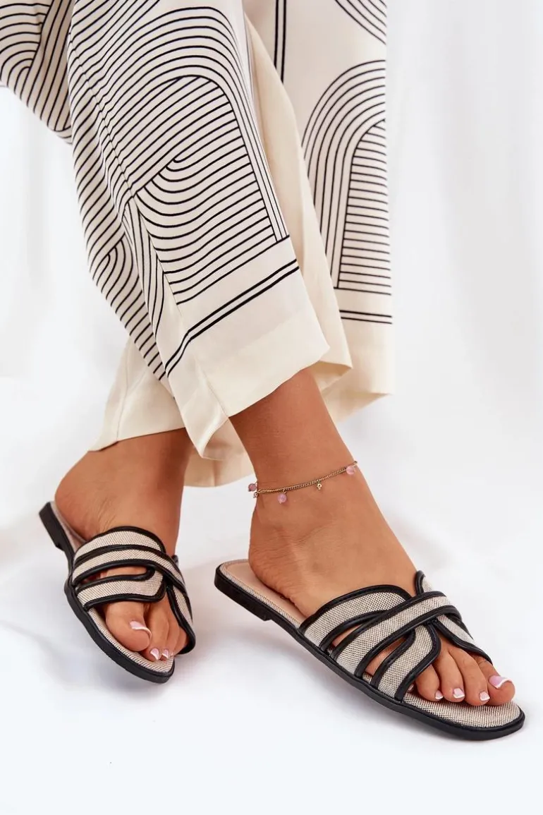 Klasyczne Klapki Damskie Płaskie Beżowo-Czarne Scazze