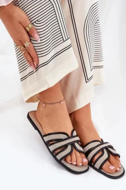 Klasyczne Klapki Damskie Płaskie Beżowo-Czarne Scazze