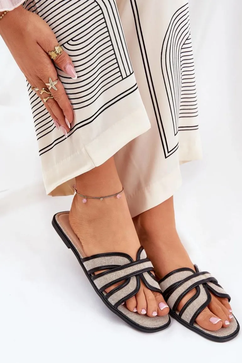 Klasyczne Klapki Damskie Płaskie Beżowo-Czarne Scazze