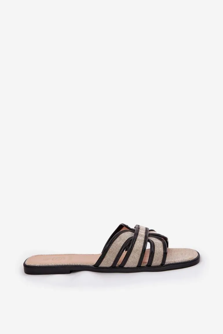 Klasyczne Klapki Damskie Płaskie Beżowo-Czarne Scazze