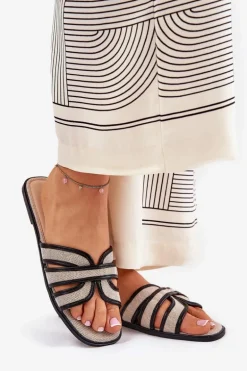 Klasyczne Klapki Damskie Płaskie Beżowo-Czarne Scazze