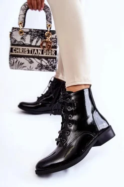 Klasyczne Lakierowane Damskie Ocieplane Botki Czarne Grimma