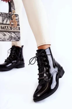 Klasyczne Lakierowane Damskie Ocieplane Botki Czarne Grimma