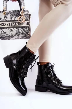 Klasyczne Lakierowane Damskie Ocieplane Botki Czarne Grimma