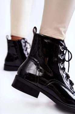 Klasyczne Lakierowane Damskie Ocieplane Botki Czarne Grimma