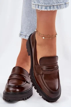 Klasyczne Mokasyny Damskie Z Eko Skóry Brązowe Enticca