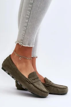 Klasyczne Mokasyny Damskie Zamszowe Ciemnozielone Glimris