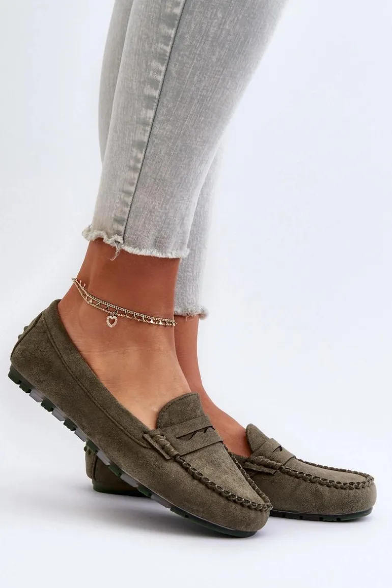 Klasyczne Mokasyny Damskie Zamszowe Ciemnozielone Glimris