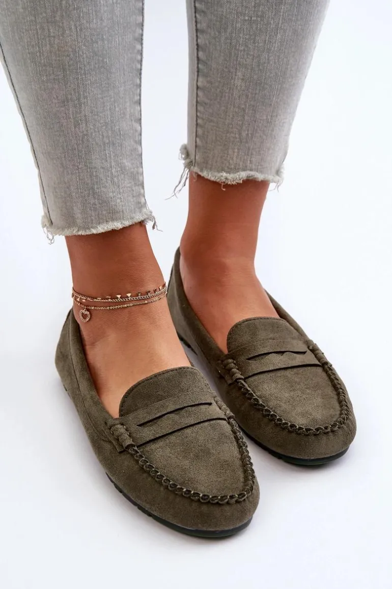 Klasyczne Mokasyny Damskie Zamszowe Ciemnozielone Glimris
