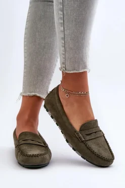 Klasyczne Mokasyny Damskie Zamszowe Ciemnozielone Glimris