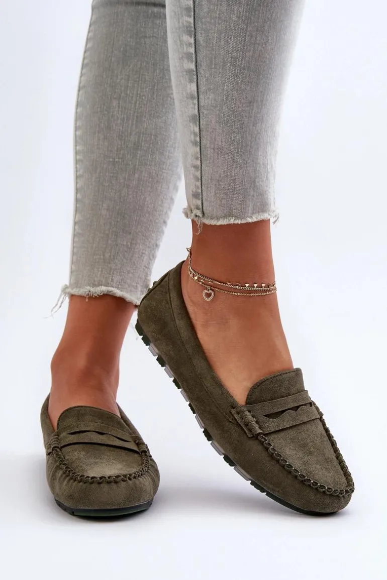 Klasyczne Mokasyny Damskie Zamszowe Ciemnozielone Glimris