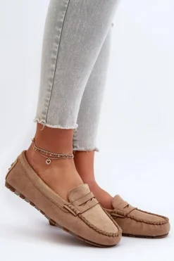 Klasyczne Mokasyny Damskie Zamszowe Ciemnobeżowe Glimris
