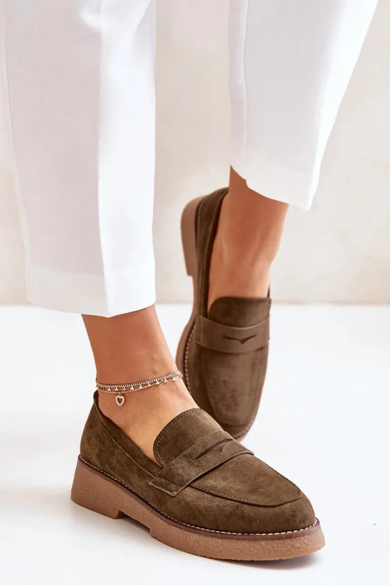 Klasyczne Mokasyny Damskie Z Eko Zamszu Ciemnozielone Belania