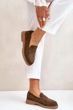 Klasyczne Mokasyny Damskie Z Eko Zamszu Ciemnozielone Belania