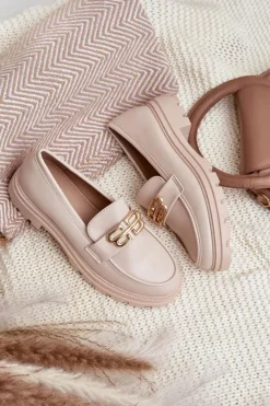 Klasyczne Mokasyny Damskie Z Eko Skóry Beżowe Savethira