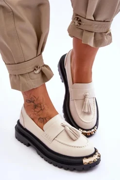 Klasyczne Półbuty Mokasyny Z Frędzlami Beżowe Lonisa