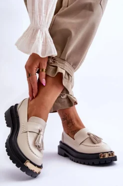 Klasyczne Półbuty Mokasyny Z Frędzlami Beżowe Lonisa