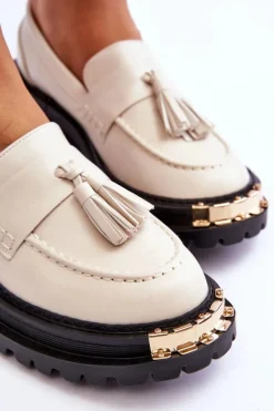 Klasyczne Półbuty Mokasyny Z Frędzlami Beżowe Lonisa