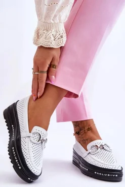 Klasyczne Skórzane Ażurowe Mokasyny Z Ozdobą Białe Rendy