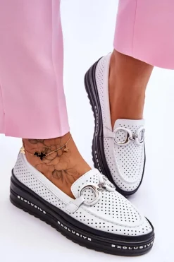 Klasyczne Skórzane Ażurowe Mokasyny Z Ozdobą Białe Rendy