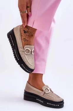 Klasyczne Skórzane Ażurowe Mokasyny Z Ozdobą Złote Rendy